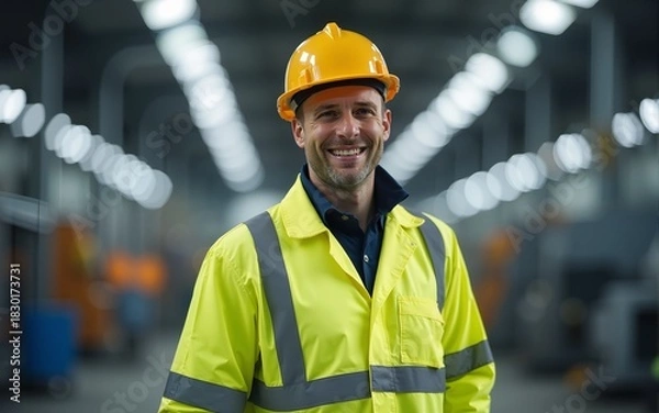 Fototapeta Smiling engineer wearing reflective clothing working in modern factory. High quality