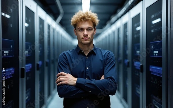Fototapeta Blond IT trainee standing with arms crossed in server room at industry. High quality