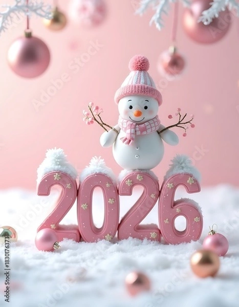 Fototapeta Smiling Snowman with Purple Hat and Glowing Snowflake in Snowy Scene