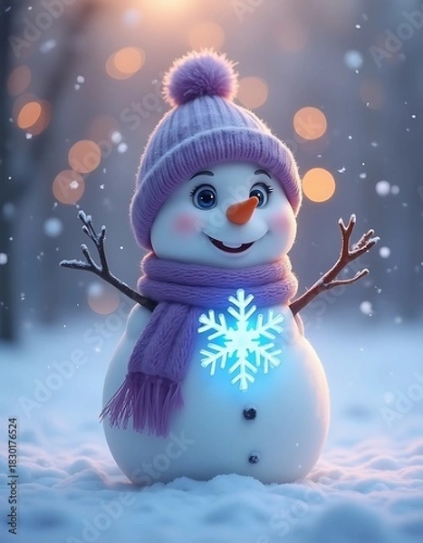 Fototapeta Smiling Snowman with Purple Hat and Glowing Snowflake in Snowy Scene