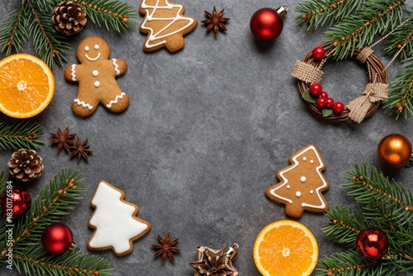 Obraz Festive Christmas flat lay border with gingerbread cookies, vibrant orange slices, fresh pine branches, and classic holiday ornaments on a dark textured background