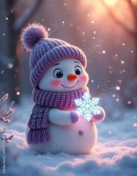 Fototapeta Smiling Snowman with Purple Hat and Glowing Snowflake in Snowy Scene
