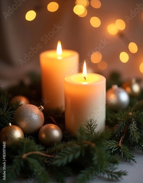 Fototapeta Warm Christmas Candles and Festive Ornaments with Bokeh Lights