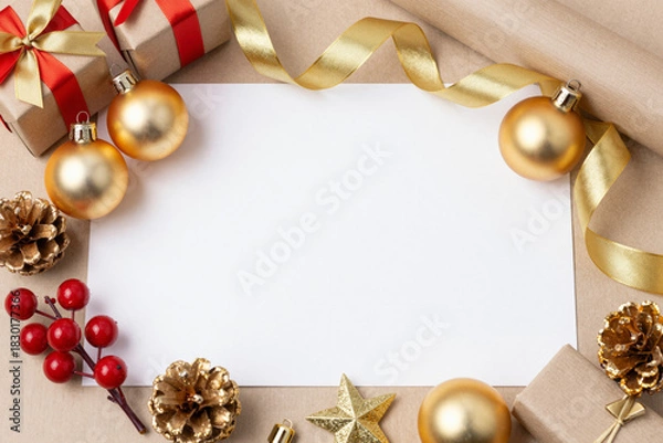 Obraz Festive Holiday Message Card with Golden Christmas Ornaments, Gift Boxes, and Berries on a Rustic Background, Ideal for Seasonal Greetings