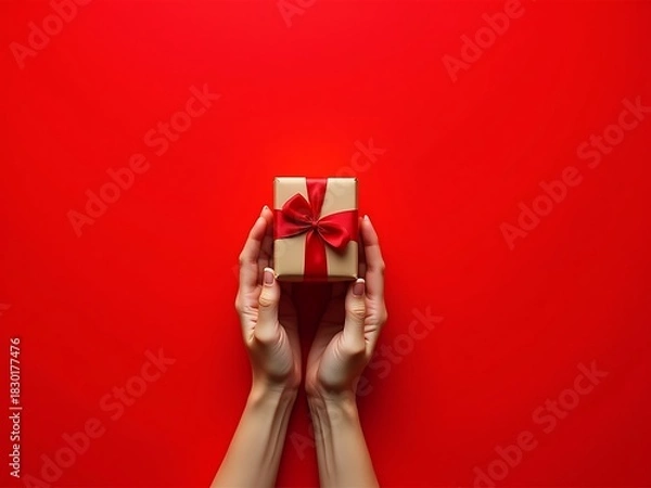 Fototapeta Hands holding a festive gift box with a red ribbon on a vibrant red background