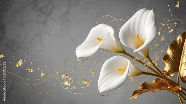 Fototapeta Elegant white calla lilies with golden accents on a textured gray background