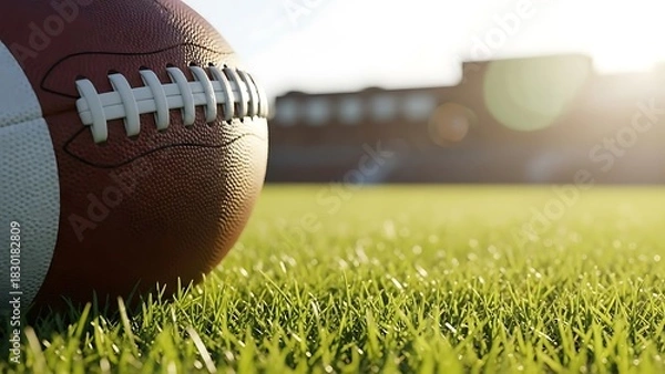 Fototapeta Close up of an american football on a grassy field with stadium in background