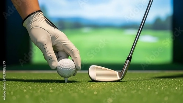 Fototapeta Golfer placing ball on tee ready to swing indoors