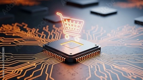 Fototapeta Glowing shopping cart icon rises from futuristic computer chip and circuit board