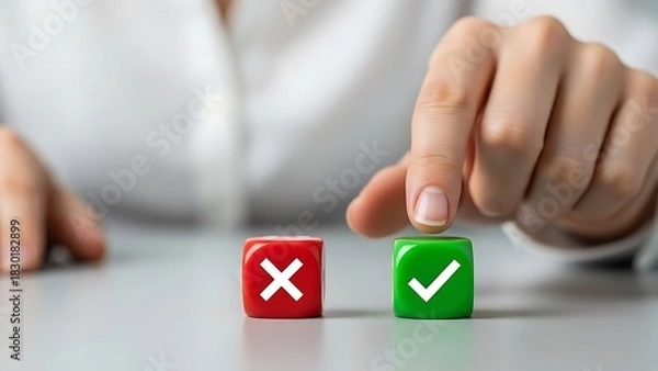 Fototapeta Hand choosing between a red cross and a green checkmark on cubes
