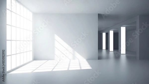 Fototapeta Modern minimalist interior with large windows and bright natural light