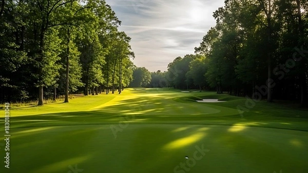 Fototapeta Sunlight streams through tall trees onto a lush green golf course fairway