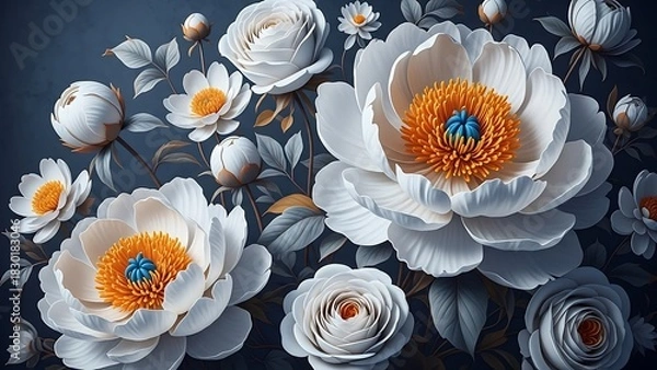 Fototapeta Close up of white peonies with vibrant orange and blue centers