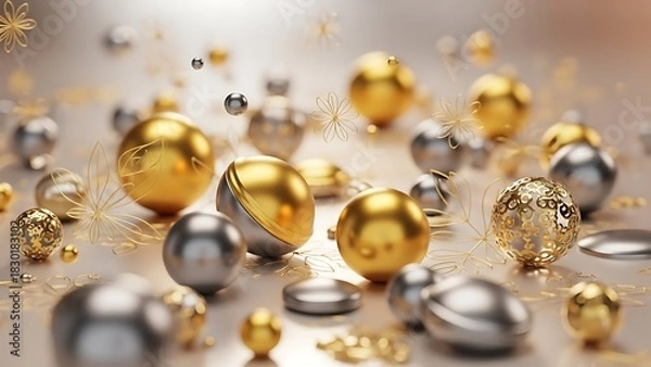Fototapeta Festive gold and silver ornaments scattered on a sparkling background