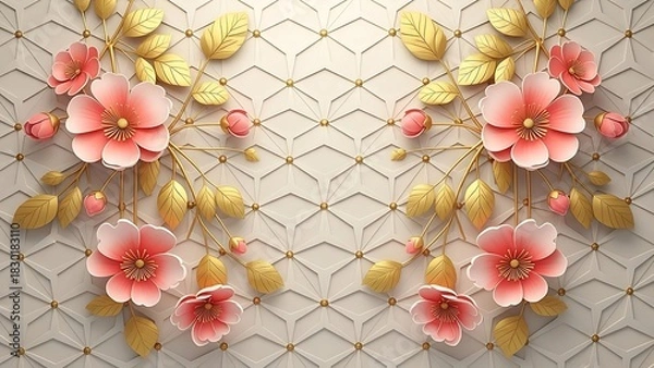 Fototapeta Symmetrical arrangement of pink and yellow flowers with golden leaves on textured background