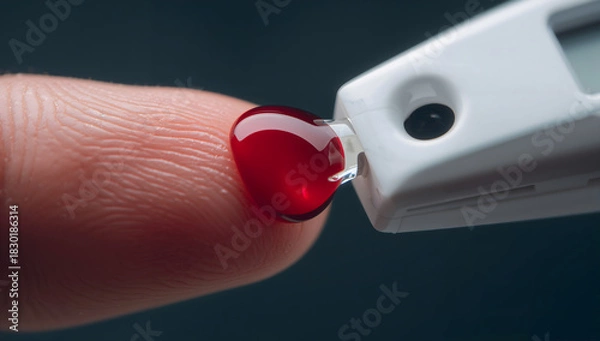 Obraz Close-up of a blood drop on a fingertip for a glucose test, symbolizing diabetes monitoring and health checks