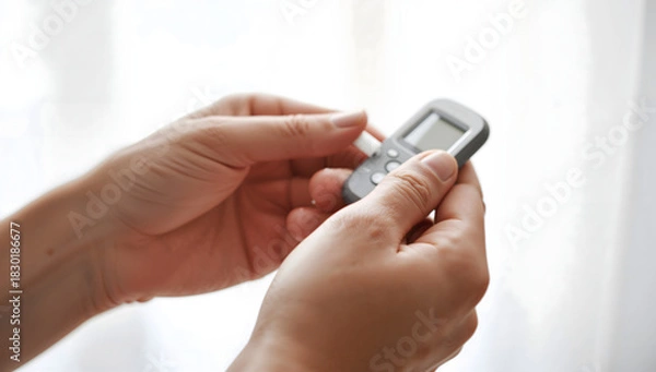 Fototapeta Close-up view of hands carefully handling a portable digital health device and inserting a test strip, indicating preparation for a personal medical check-up