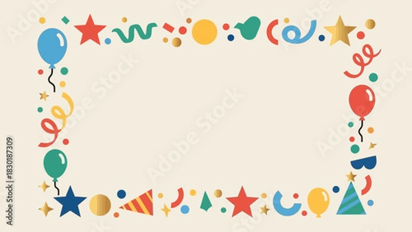 Obraz Vibrant festive frame featuring balloons, confetti, stars and party elements with blank space