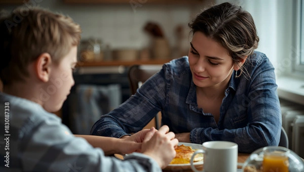 Fototapeta Mother and Son Sharing a Moment of Connection at Breakfast, Symbolizing Family Bonds and Love