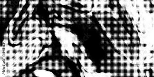 Obraz Grunge halftone gradient background. Faded grit noise texture. White and black sandy wallpaper. Retro pixelated backdrop. Anime or manga style comic overlay