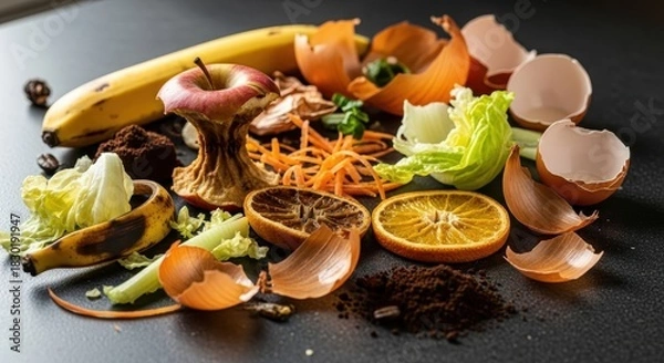 Fototapeta Close up of various organic food waste and compost on a dark surface