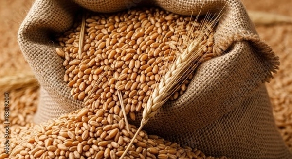 Fototapeta Close up of wheat grains with one stalk in a burlap sack