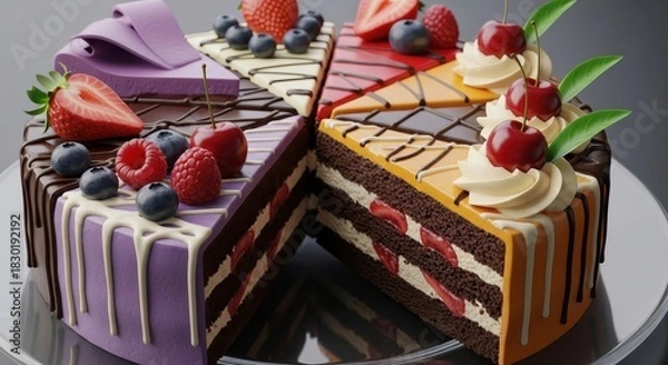 Fototapeta Close up view of several colorful cake slices decorated with fresh berries