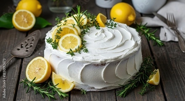 Fototapeta Delicious lemon cake with white frosting and fresh herb garnish