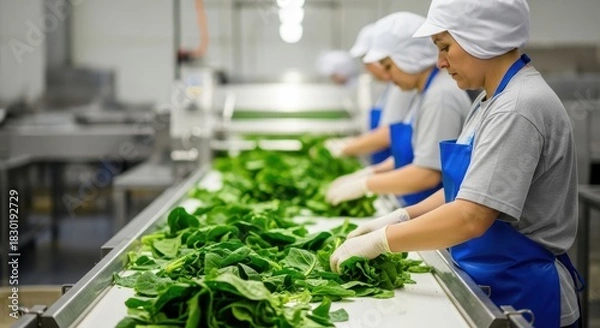 Fototapeta Factory workers processing fresh spinach on a conveyor belt in a food production facility