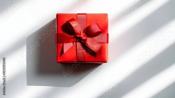 Obraz Bright Red Christmas Gift Box Centered on a White Background Under Striking Sunlight and Shadows