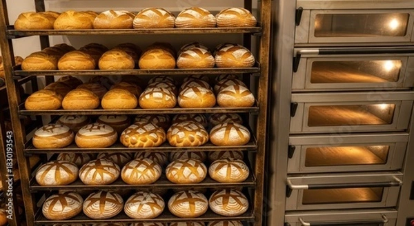 Fototapeta Freshly Baked Artisan Bread on Display in a Bakery