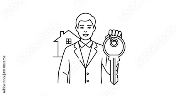 Fototapeta Real estate agent holding key with house in background a visual representation of homeownership