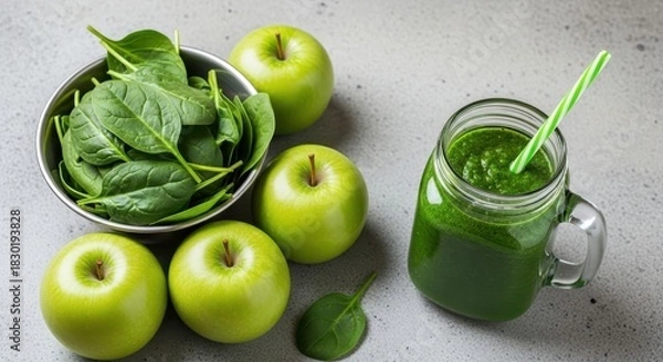Fototapeta Green Apple Smoothie and Fresh Ingredients on a Gray Surface