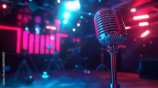 Obraz Retro Microphone on Stage with Neon Lights