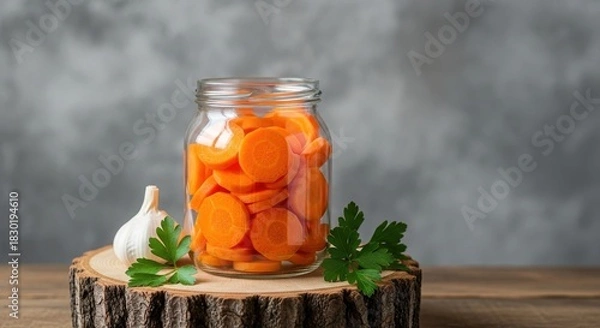 Fototapeta Jar of sliced carrots with garlic and parsley on a wooden surface