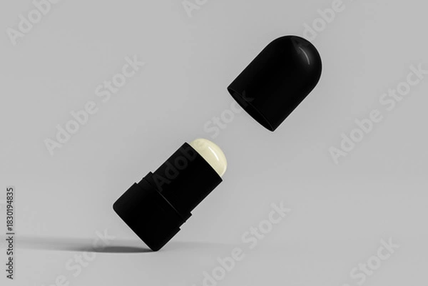Obraz foundation Stick packaging mockup, glossy black plastic makeup twist up tube packaging, Sunscreen Stick Tubes with clear plastic cap, Cylindrical Deodorant Packaging, round Rotating lip balm container