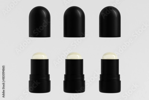 Obraz foundation Stick packaging mockup, glossy black plastic makeup twist up tube packaging, Sunscreen Stick Tubes with clear plastic cap, Cylindrical Deodorant Packaging, round Rotating lip balm container