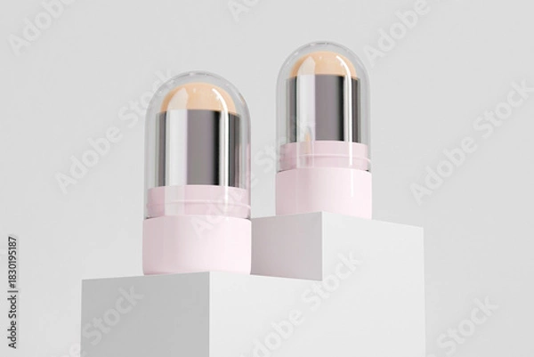 Fototapeta Cosmetic foundation Stick mockup, twist up lipstick tube packaging mockup, Sunscreen Stick Tubes with clear translucent cap, Cylindrical Deodorant container, Rotating lip balm Tube packaging mockup