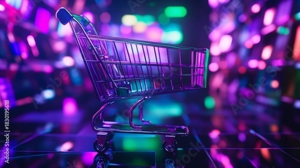 Obraz Neon Shopping Cart:  Cyberpunk E-commerce Concept
