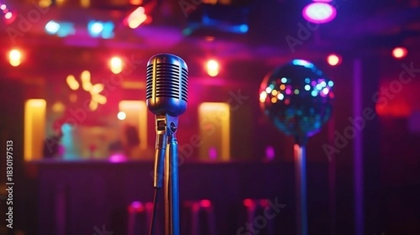 Obraz Retro microphone and disco ball glow under colorful stage lights evoking the ambiance of a live performance
