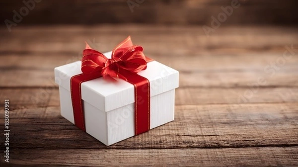 Obraz Three-Quarter View of an Elegant White Holiday Gift Box Tied with a Red and Gold Ribbon on Dark Rustic Wood.