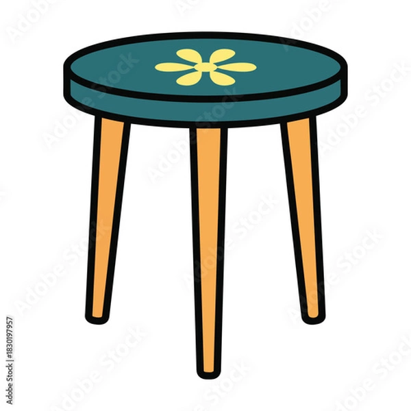 Fototapeta Round wooden stool with three legs and a yellow flower design on the seat
