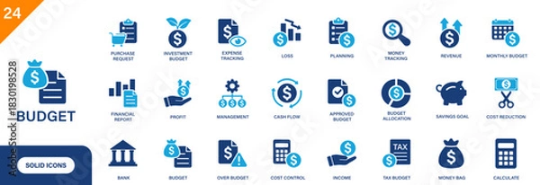 Fototapeta Budget icon. Includes cost budget, cash flow, budget allocation, purchase request, financial report. Solid vector icon set.