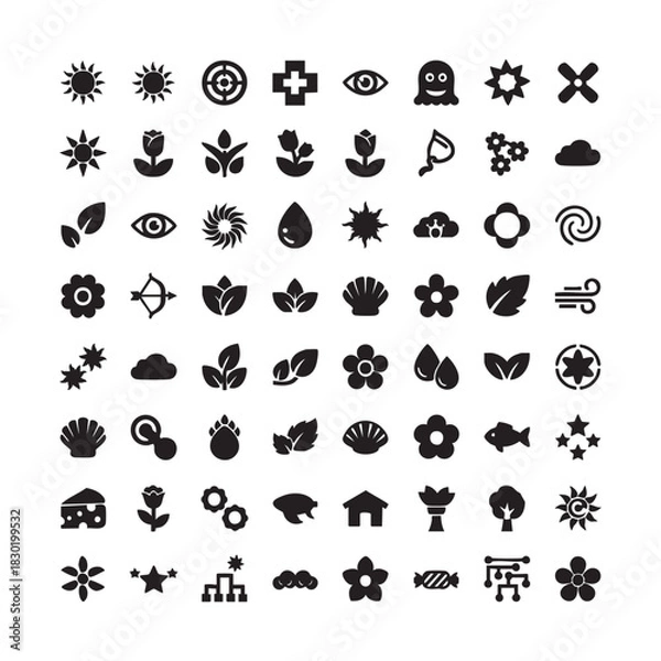Obraz nature, abstract, icon, set, vector, glyph, monochromatic, black, white, flower, leaf, plant, sun, water drop, cloud, shell, star, eye, cross, organic, symbol, element, design, minimal, universal, app