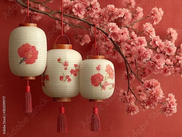 Fototapeta Elegant Chinese Style Festive Scene 3D Render: White Gold-trimmed Lanterns with Pink Cherry Blossoms on Deep Red Matte Wall