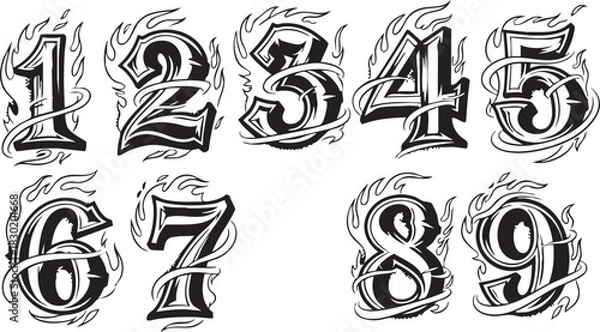 Fototapeta A set of bold numbers from one to nine, illustrated in a black and white vintage tattoo style with flames.
