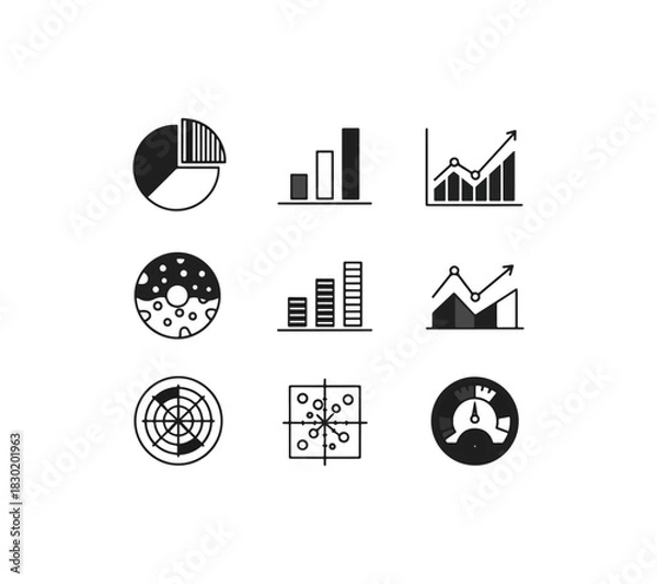 Obraz Data visualization charts and graphs icons on black background