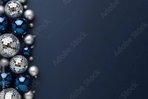 Fototapeta Arrangement of red Christmas ornaments and blue and silver disco balls creates a festive, modern holiday scene suitable for Christmas and New Year greetings and seasonal decor.