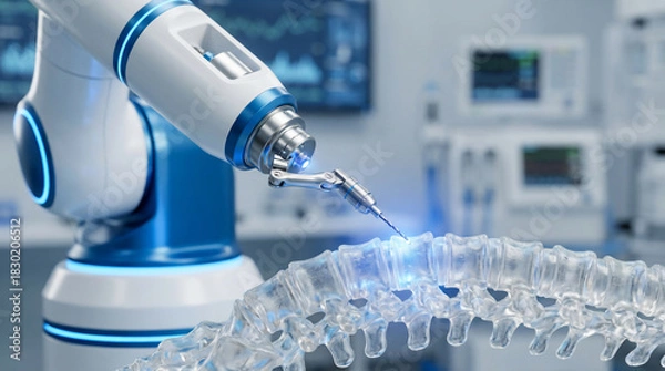 Obraz Robotic Surgical Arm Precisely Drills a Transparent Human Spine Model, Showcasing Advanced Medical Technology in a Futuristic Lab