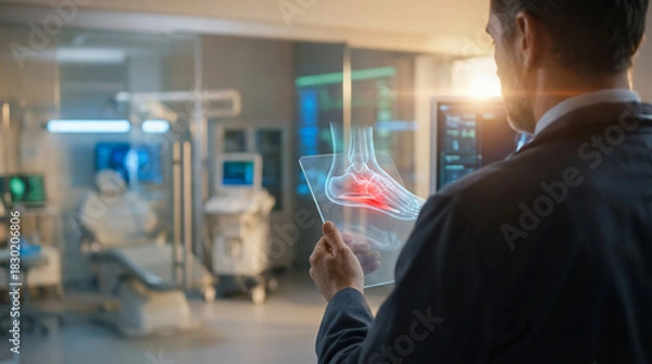 Obraz Medical Doctor Analyzing a Digital Foot Anatomy Scan with Pain Indication on a Transparent Screen, Utilizing Advanced Healthcare Technology in a Modern Hospital